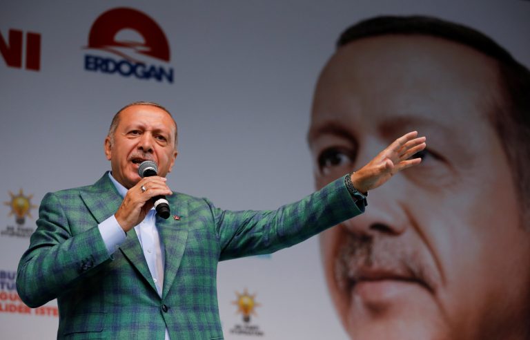 Turkish President Tayyip Erdogan addresses his supporters during an election rally in Istanbul