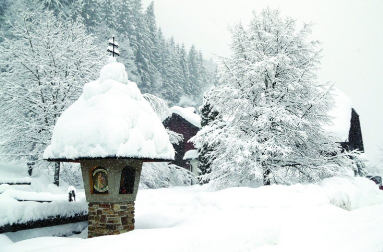 Houses are seen during heavy snowfall near Goestling